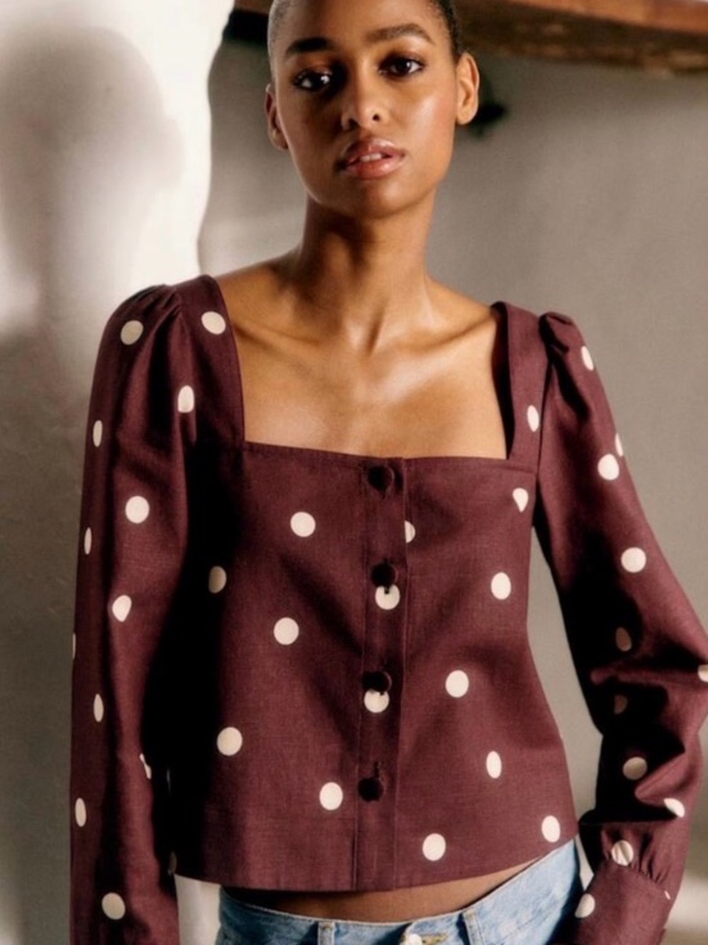 Sézane Chocolate Polka Dot Top 34 NWOT